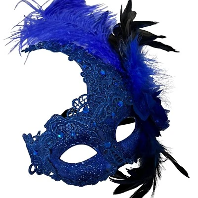 ROYAL BLUE Feather Swan Women Masquerade Mask Mardi Gras Party Resin Mask  - Image 1 of 4