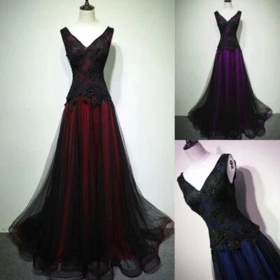 Black and red Gothic Wedding Dresses V Neck with Lace Applique tulle Bridal Gown - Image 1 of 4