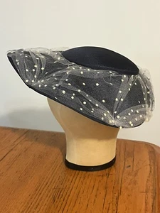 Vtg Antique 40's-50's Ladies Wide Brim Navy Hat w/ Polka Dot Netting - Picture 1 of 4