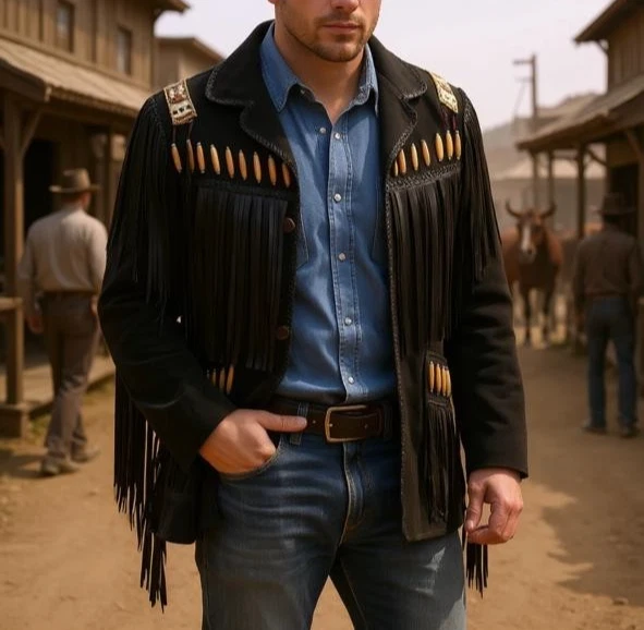 Hombres Western Liberty Engle Estilo Vaquero Gamuza Hombres Chaqueta de Cuero con Flecos Foto 1 de 3