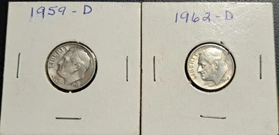 1959-D, 1962-D, Roosevelt Dimes, 90% Silver, Set Of Two, AU Condition - Image 1 of 4