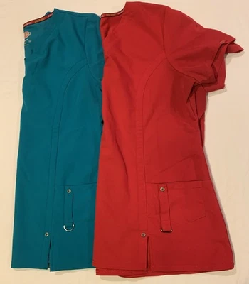 Dickies Xtreme Stretch V-Neck Scrub Top Womens Large Teal Red Lot 2 - Image 1 of 4
