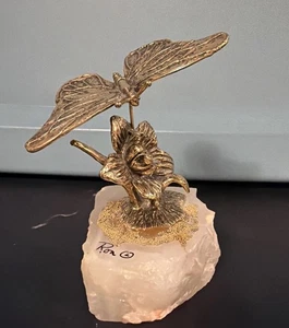 Vintage selten Ron Lee Messing Schmetterling & Blume, Goldplatte Akzente, Granit Rock Base - Bild 1 von 16