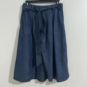 Talbots Skirt Womens 6 Petite Blue Denim Belted A Line Midi Pockets Cotton Y2K - Picture 1 of 6