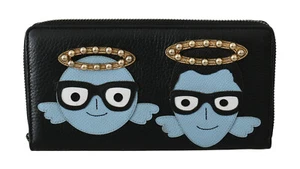 DOLCE & GABBANA Wallet Black Blue Leather #DGFAMILY Zipper Continental Mens - Picture 1 of 11