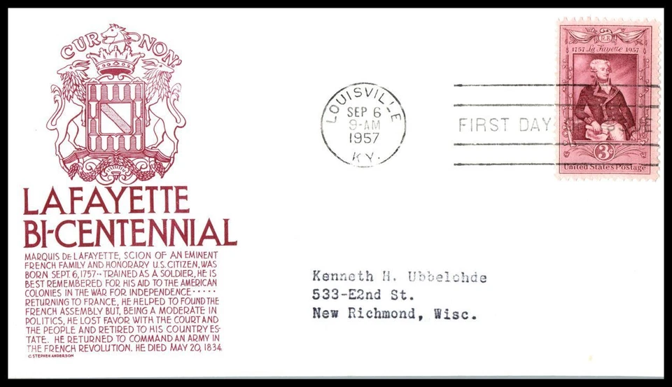 1957 Marquis de La Fayette 3c Sc 1097 FDC with premium C. Stephen Anderson (J18 - Image 1 of 1