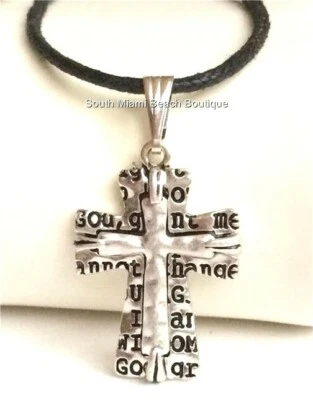 Serenity Prayer Necklace Silver Plated Message AA Al-Anon NA Pendant Black Cord - Image 1 of 4