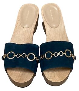 Ann Taylor Chain Clog Wood And Suede Slide In Navy Sz 8.5 New