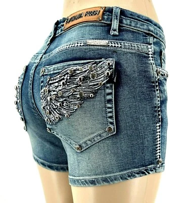PLATINUM PLUSH LADIES ANGEL WINGS RHINESTONE DENIM 4" INSEAM SHORTS STYLE #4841 - Image 1 of 4