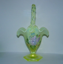 Fenton Hexagon Basket Vase Hydrangeas Topaz Opalescent Iridescent Vaseline