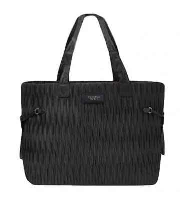 Bolsa Tote Victorias Secret Crinkle Preta Shopper Viagem Noturna Weekender - Imagem 1 de 4