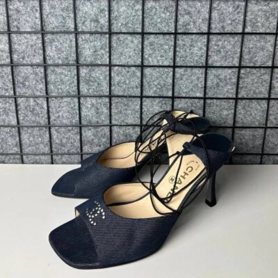 Vintage Chanel Denim Wrap Around Sandal Heels Rhinestone Logo Size 40 - Image 1 of 4