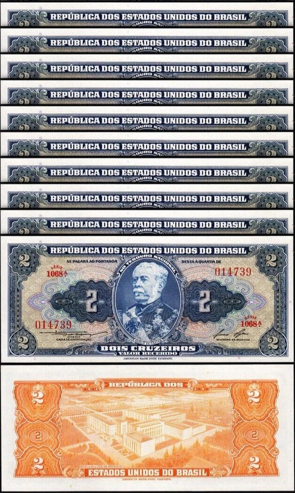 Brazil 2 Cruzeiros 1954 1958, UNC, 10 Pcs LOT, Consecutive, P-151b, Sign 6 - Image 1 of 4