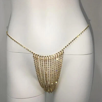 Sexy Rhinestone Thong Panty Gold White Body Chain Underwear Lingerie - Image 1 of 4