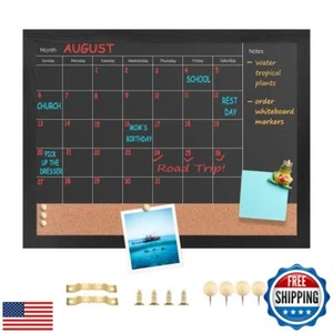 Umtiti Chalkboard Calendar and Cork Bulletin Board,13" x 17" Black Wood Frame - Picture 1 of 5