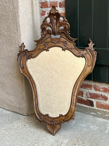 Antique French Carved Oak Beveled Wall Mirror Louis XV style Serpentine Rococo Cover