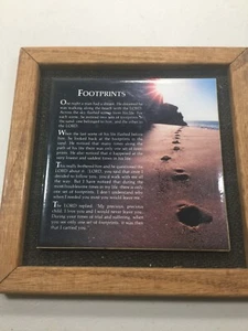 Vintage Wood Framed Wall Tile Footprints In The Sand Poem 8" x 8" Retro Decor - Picture 1 of 6
