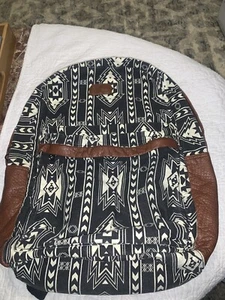 Billabong Backpack Black/white & Faux Brown Leather W/ethnic Design - Picture 1 of 20
