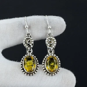 925 Sterling Silver Yellow Citrine  Gemstone Dangle Earring Handmade Jewelry - Picture 1 of 7