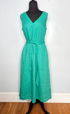 NICOLE MILLER 亚麻连衣裙 6 Kelly 绿色口袋 V 领无袖腰带学院风 — 第 1/4 张图片