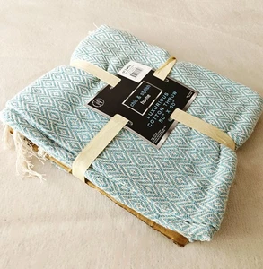 Turquoise Aqua & White 100% All Cotton Throw for Sofas Beds — 50" x 60" - Picture 1 of 8