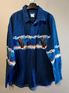 Vintage Wrangler Western Shirt Cowboy Rodeo Graphic Blue Pearl Snap XXL Yoke - Picture 1 of 14