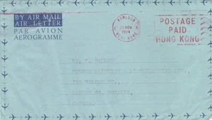 Hong Kong to Canada KOWLOON Postage Paid Meter Aerogramme Clothing Advert 1974 - Picture 1 of 1