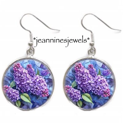 Lilac Flowers FAUX Stained Glass Art Print EARRINGS Silver Charm Dangle Earrings - Image 1 of 4