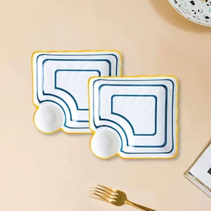 Striped Nitori Ceramic Square Plates Set of 2 White and Blue 7.2 Inch j628 - Picture 1 of 6