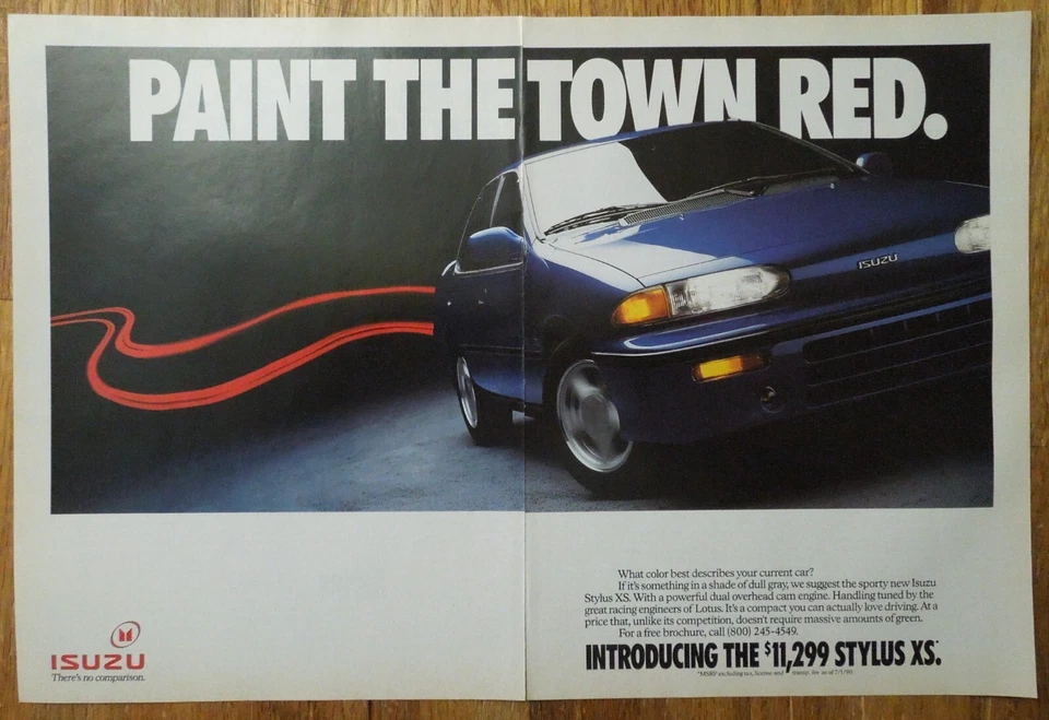 Anuncio de revista ISUZU Stylus XS 1990 2 páginas - pinta la ciudad de rojo. Foto 1 de 1