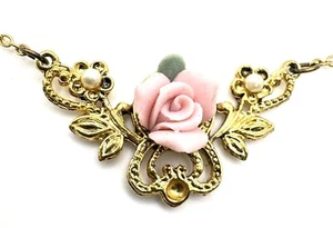 Gold Tone Porcelain Rose necklace Floral Filigree Faux Seed Pearl - Picture 1 of 4