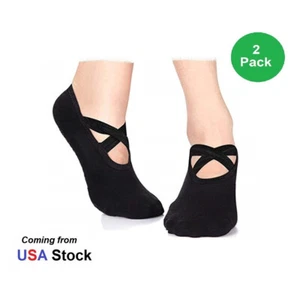 2PK Yoga Pilates Dance Anti-Slip Socks Martial Arts Criss Cross Straps Black - Picture 1 of 8