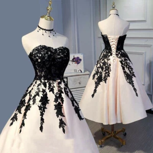 Gothic Black Lace Short Wedding Dresses Satin Sweetheart Tea Length Bridal Gown - Picture 1 of 8