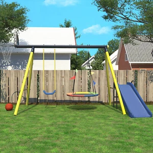 Outdoor Metal Play Frame Swing Set Basketball Hoop Slide Yellow Over 3 Years Old - Picture 1 of 11