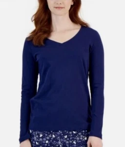 Charter Club Intimates Womens VNeck Long Sleeve 100% Cotton Pajama Top Navy Blue - Picture 1 of 8
