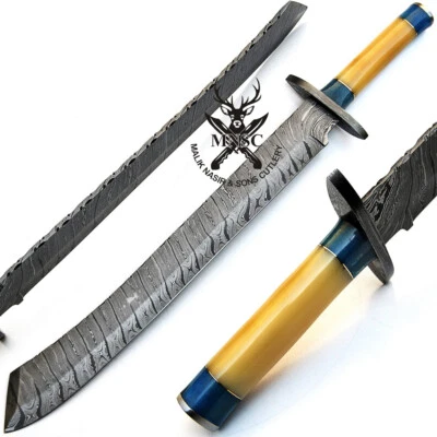 CUSTOM HANDMADE HAND FORGED DAMASCUS STEEL HUNTING MACHETE SWORD - Image 1 of 4