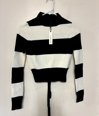 Olivaceous Crop Pullover Sweater Women Small Black White Stripe LS Tie Back NWT - Image 1 of 4