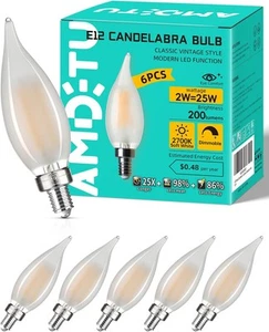 AMDTU E12 LED Candelabra Bulb 25 6 Count (Pack of 1), 2w=20w 2700k Soft White - Picture 1 of 9
