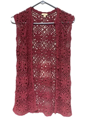 Cárdigan suéter floral sin mangas abierto de ganchillo para mujer J. Jill talla mediana vino Foto 1 de 4