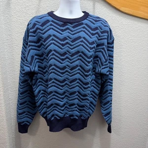 Maglione maglia vintage Neiman Marcus uomo XL blu nero zig zag manica lunga 100% lana - Foto 1 di 10