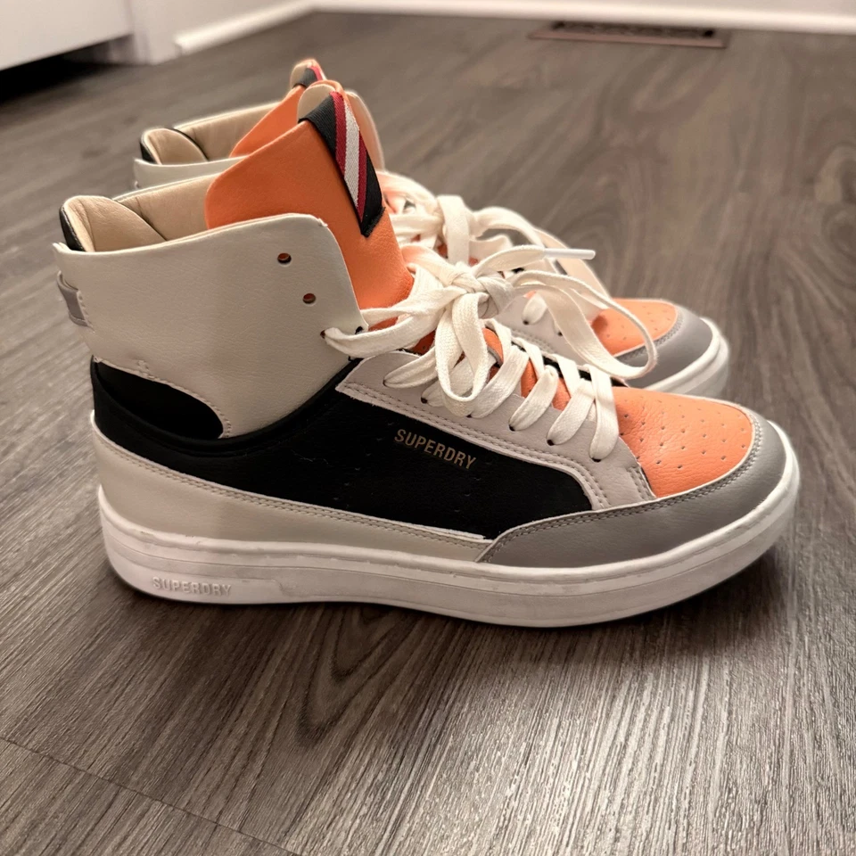 Superdry High Top Sneakers Orange Gray White Black Leather Lace Up Women's sz 8 - Image 1 of 4