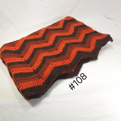 复古手工阿富汗毛毯 Zigzag 钩针编织针织 36x56 橙色棕色栗色 — 第 1/4 张图片