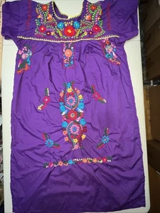 Mexican fiesta Festival dress Large Handmade Purple Floral embroidery - Picture 1 of 19