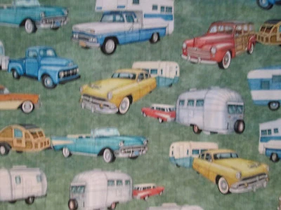 RETRO CARS RETRO TRAILERS CAMPERS RVS TRUCKS WOODY GREEN COTTON FABRIC FQ  - Image 1 of 4