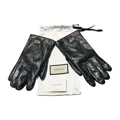 Gucci Black Lambskin Leather Interlocking G Gloves Size S/8.5 NEW - Image 1 of 4