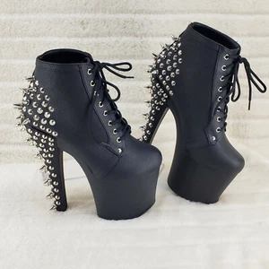 Fearless 700-28 Black 7" Spiked Stud High Heel Platform Ankle Boots In House - Picture 1 of 11