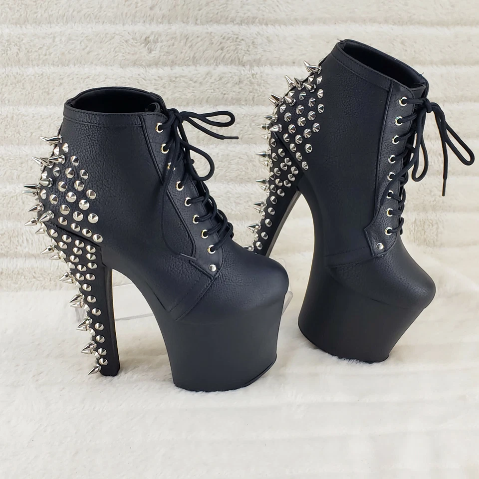 Fearless 700-28 Black 7" Spiked Stud High Heel Platform Ankle Boots In House - Image 1 of 4