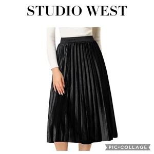 Studio West black satin pleaded midi skirt elastic waist size XL NWT - Picture 1 of 7