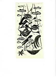 Grabado en madera original "Ángel y dos demonios" de Christine Bube, con monograma - Imagen 1 de 1