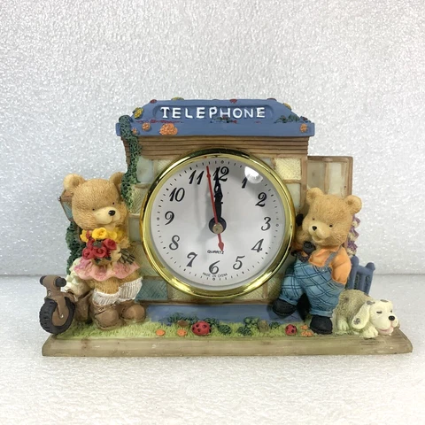 Telephone Booth Bear Dog Bike Flowers Resin Collectible Table Clock, Vintage Cover